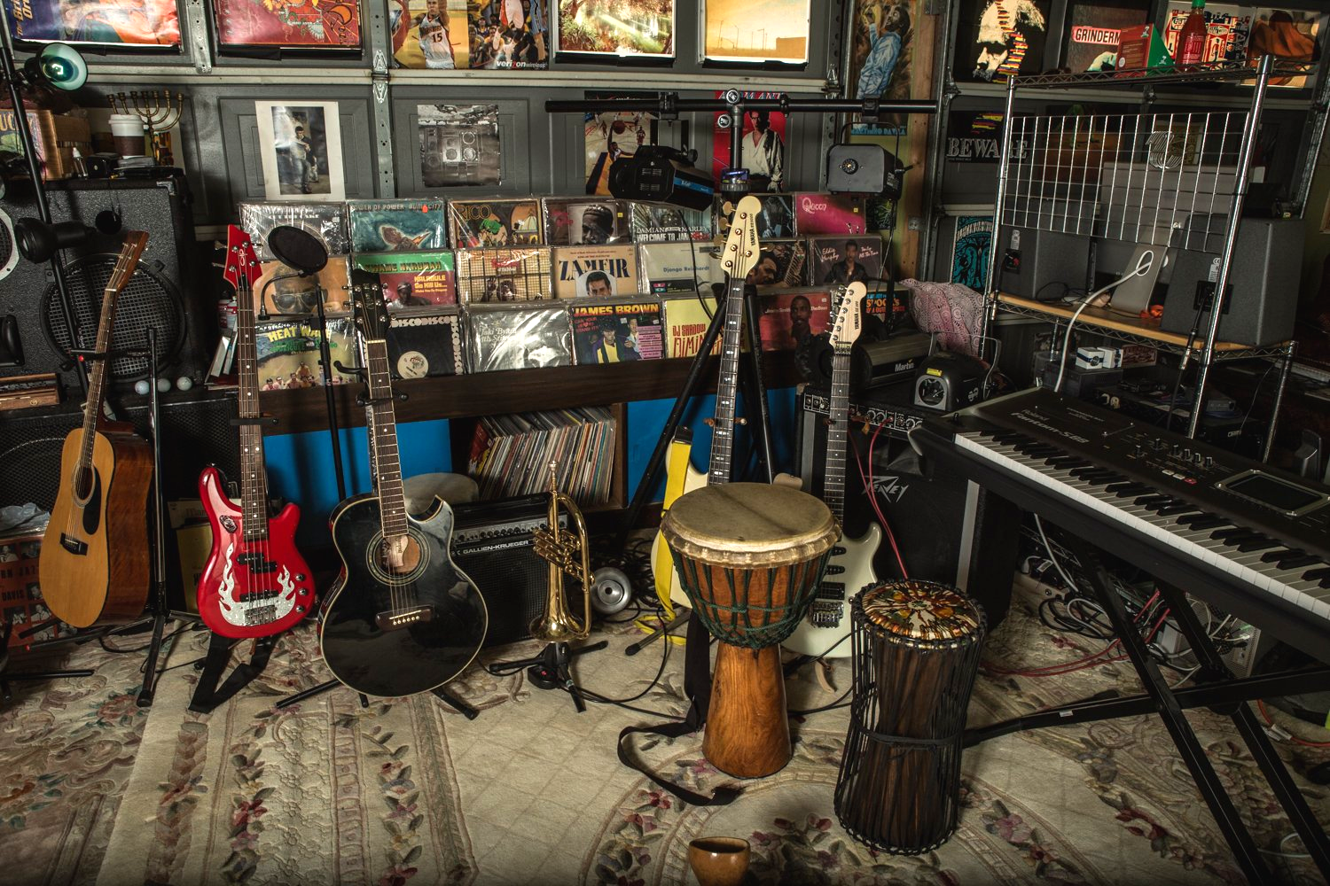 Goyo's studio: guitars, djembes, records and keys